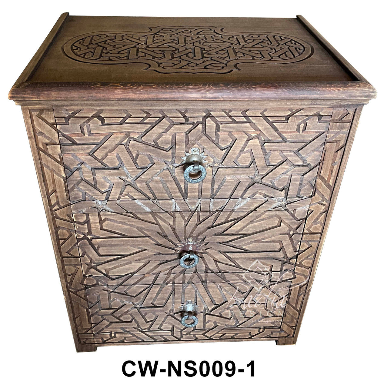 Stained Hand Carved Wooden Nightstand