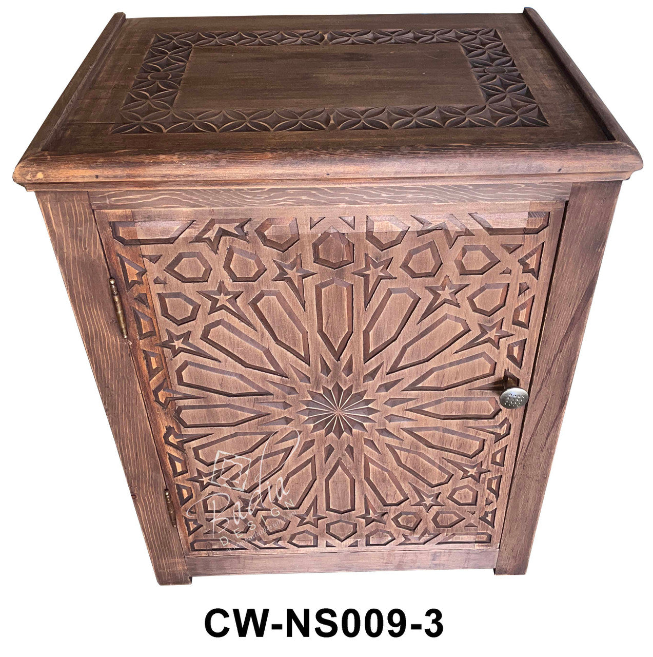 Stained Hand Carved Wooden Nightstand