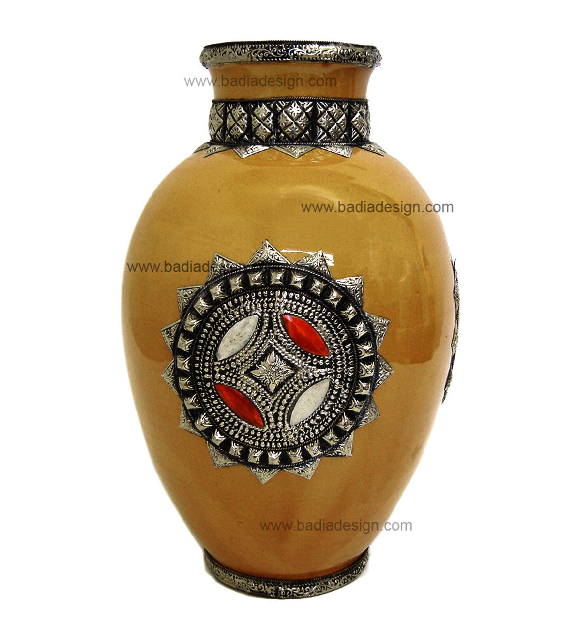 Large Metal and Bone Ceramic Vase
