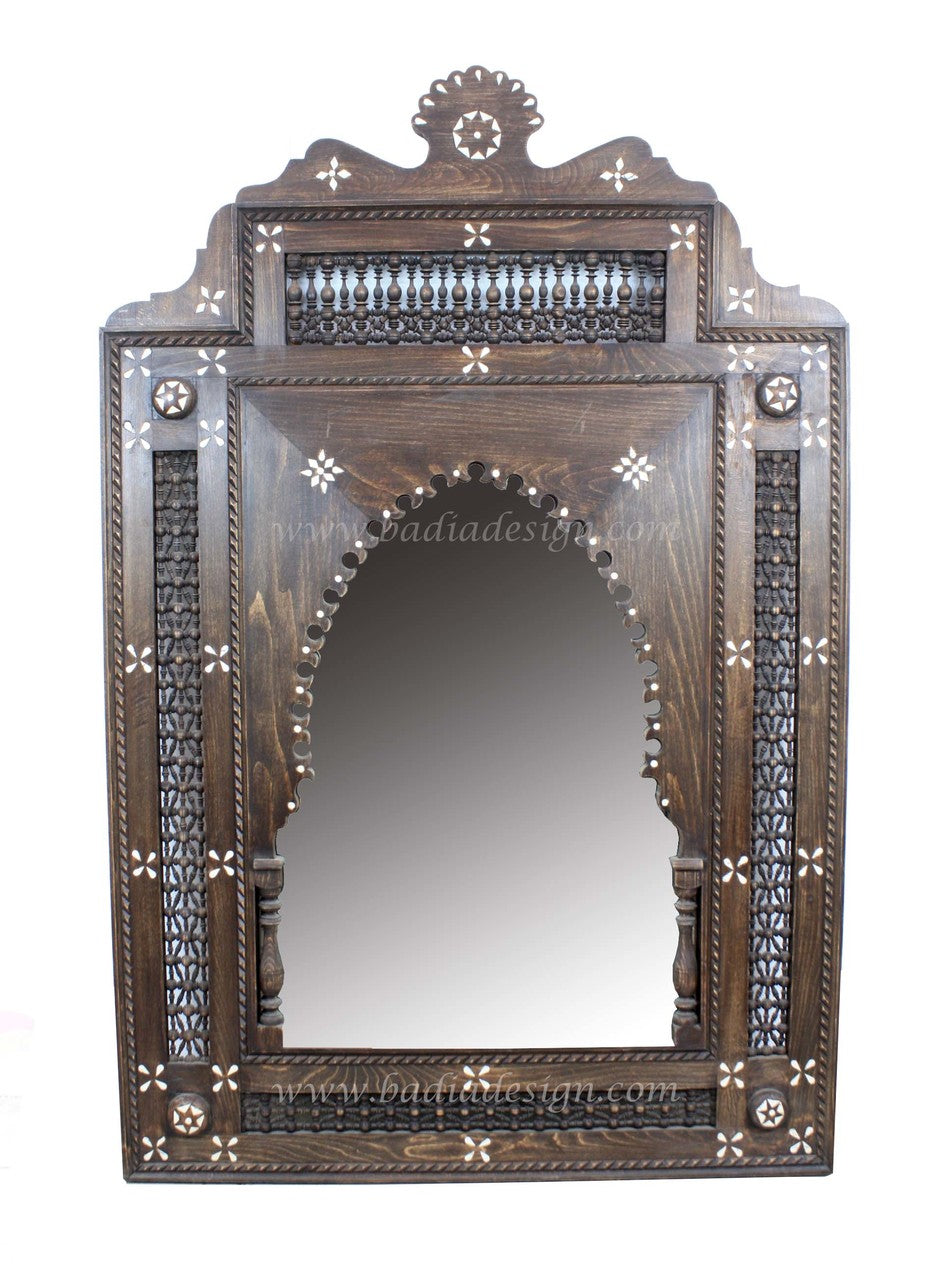 Moroccan Bone Inlay Carved Wood Mirror