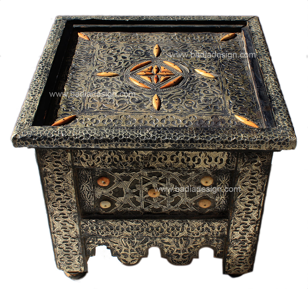 Vintage Embossed Metal and Bone Square Table