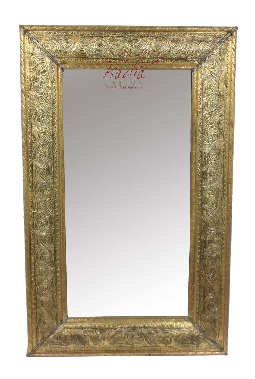 Moroccan Rectangular Embossed Brass Metal Mirror