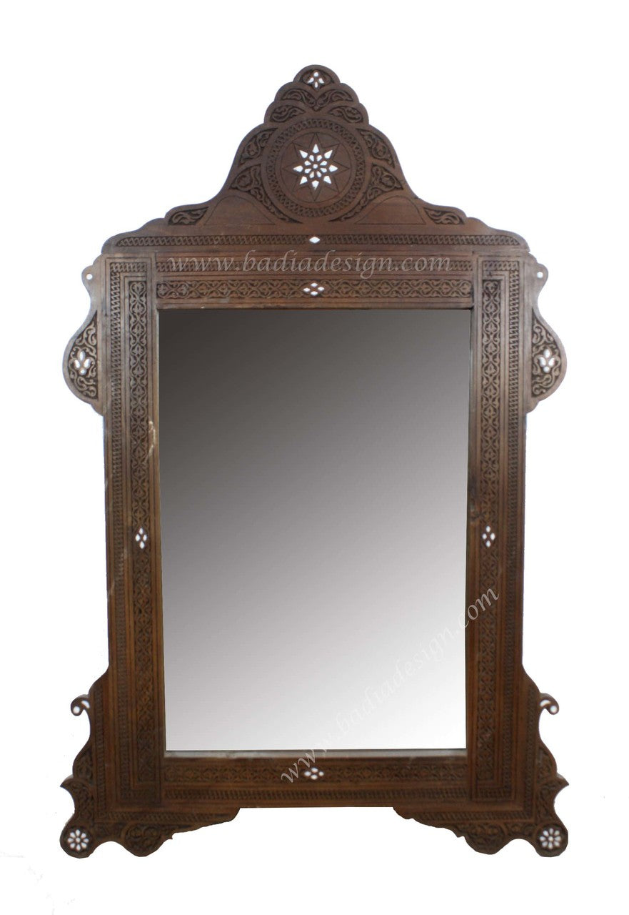 Moroccan Bone Inlay Carved Wood Mirror