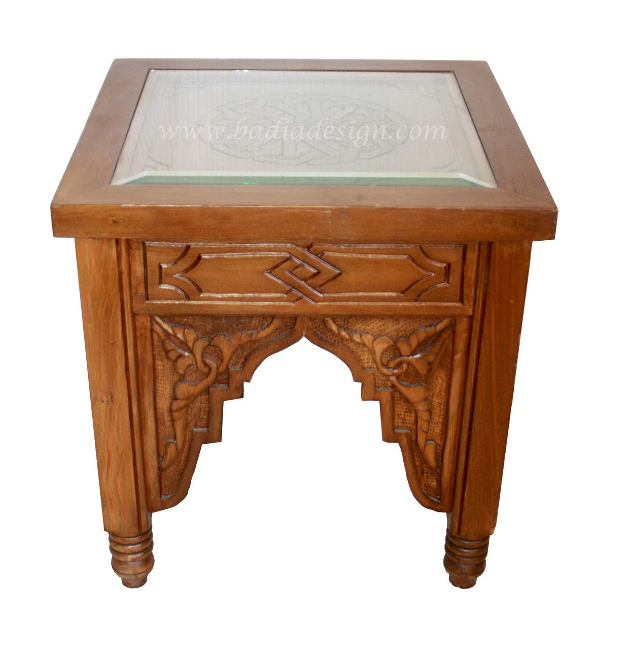 Carved Cedar Side Table with Glass Top