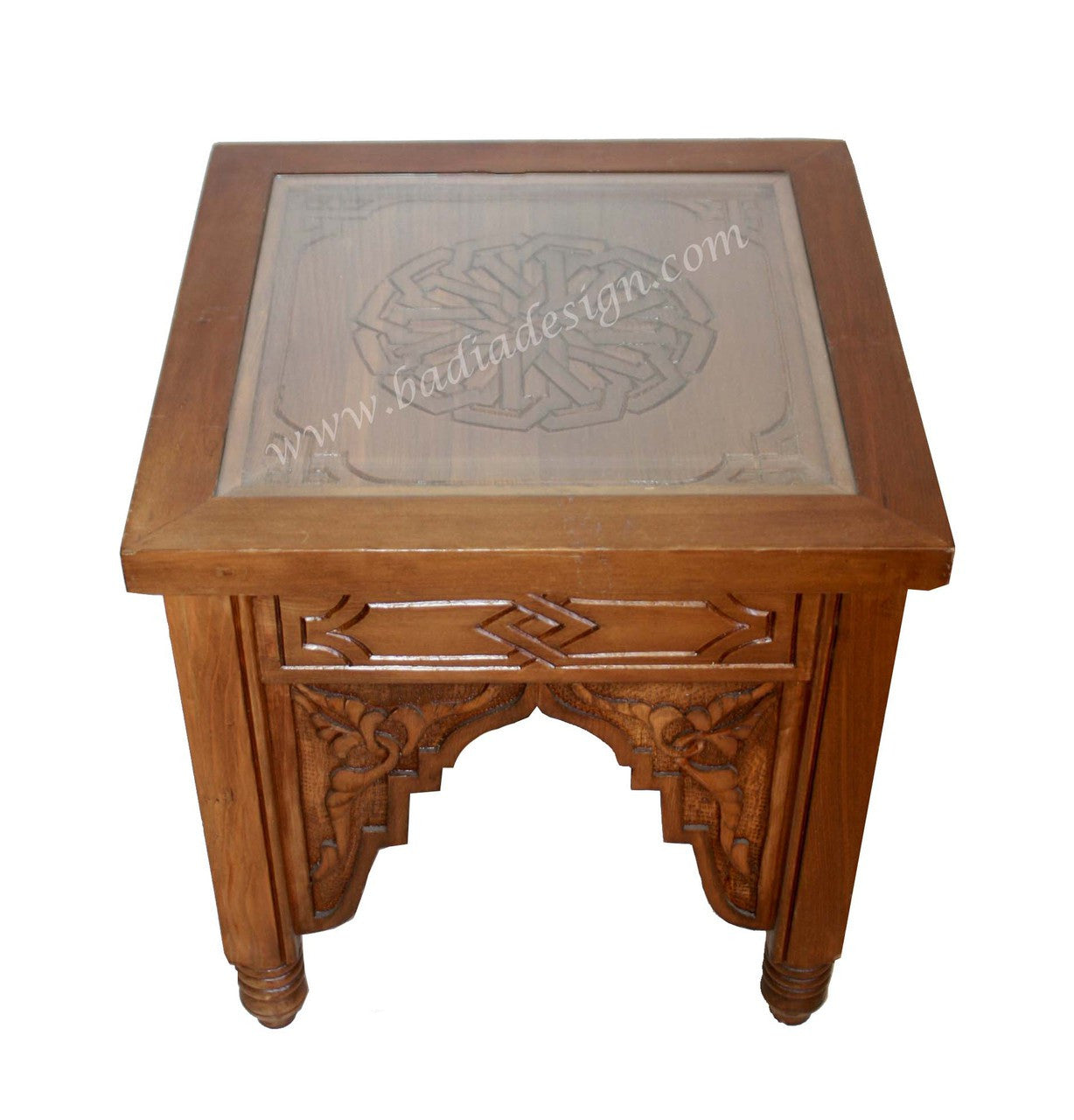 Carved Cedar Side Table with Glass Top