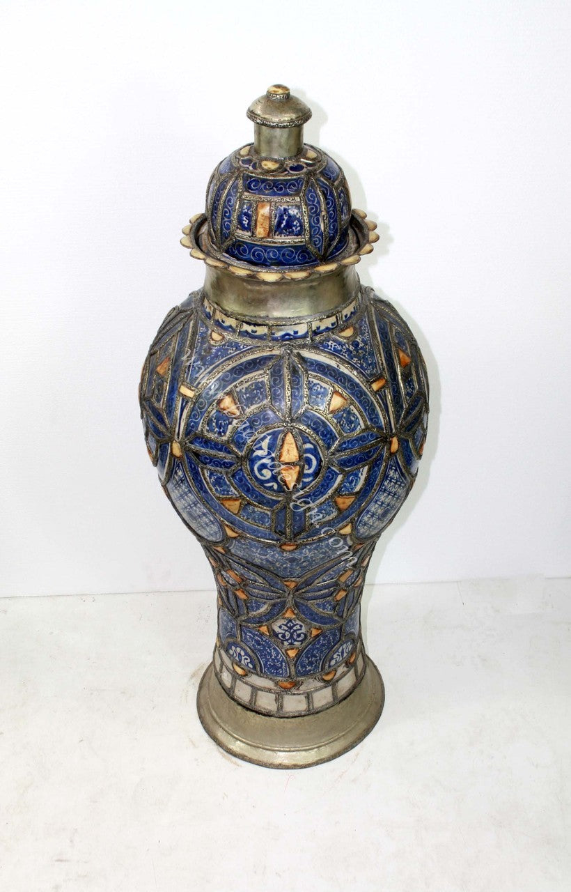 Metal and Bone Inlay Ceramic Urn