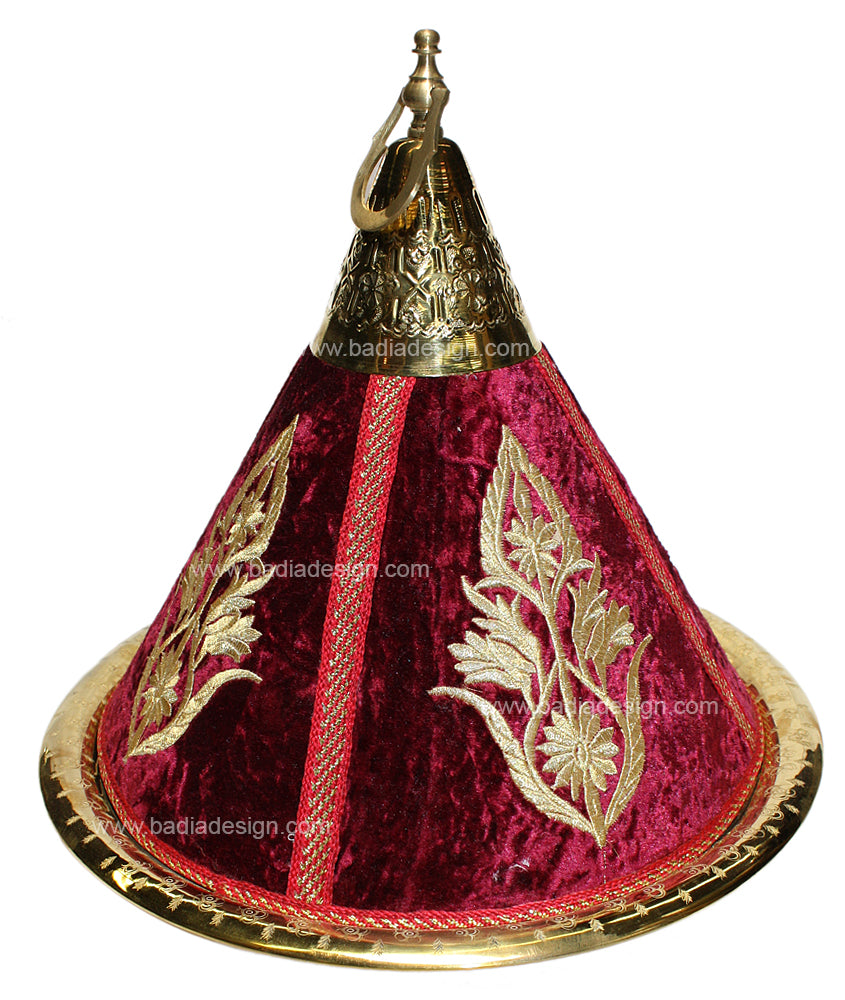 Moroccan Brass Serving Tagine with Burgundy Embroidery Fabric
