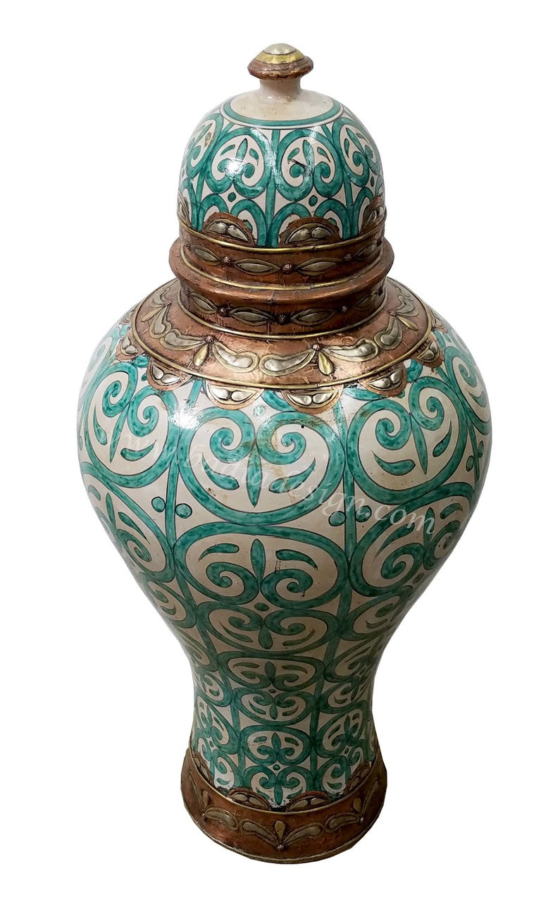 Tall Moroccan Hand Painted Metal and Ceramic Urn