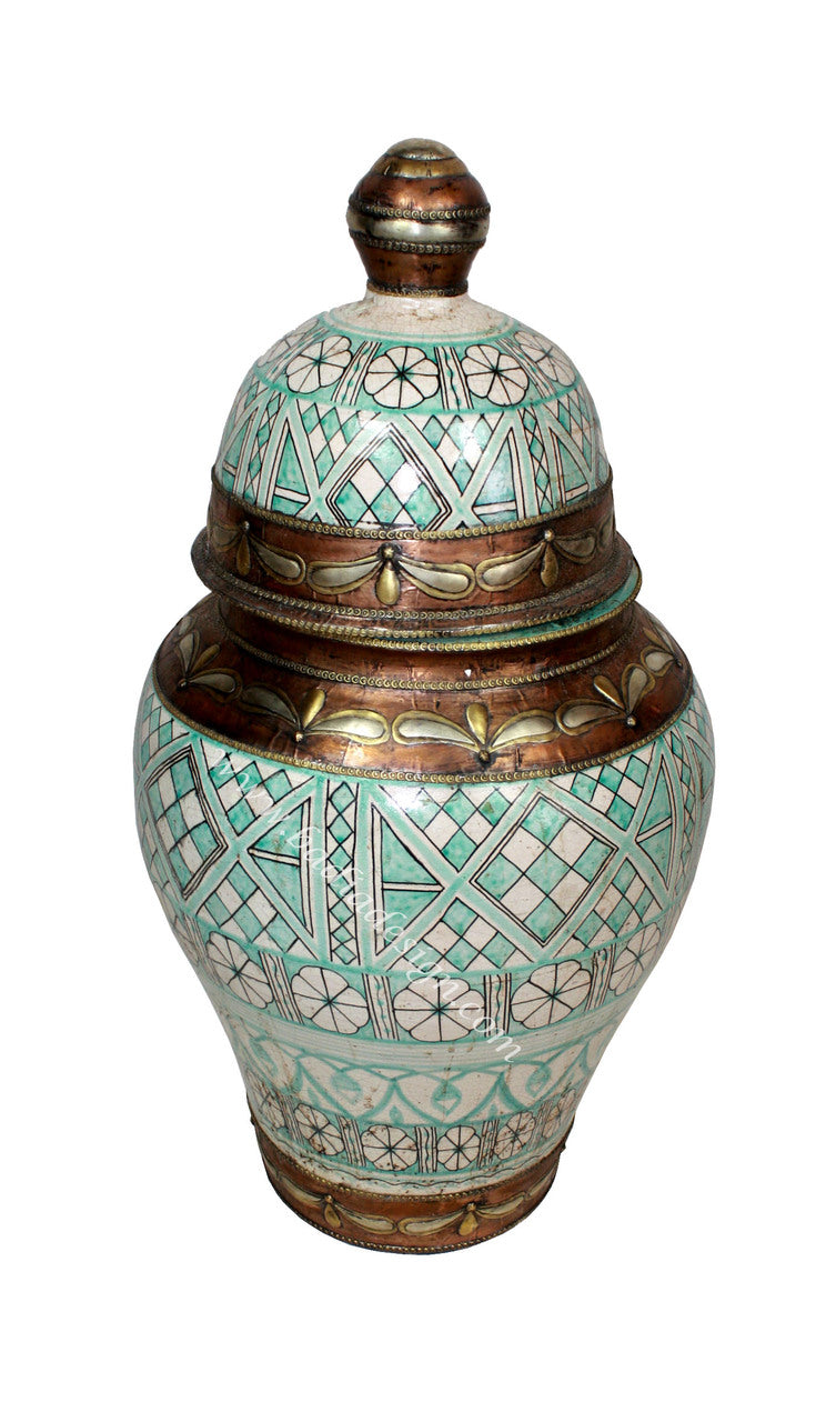 Hand Painted Ceramic Urn with Metal Inlay