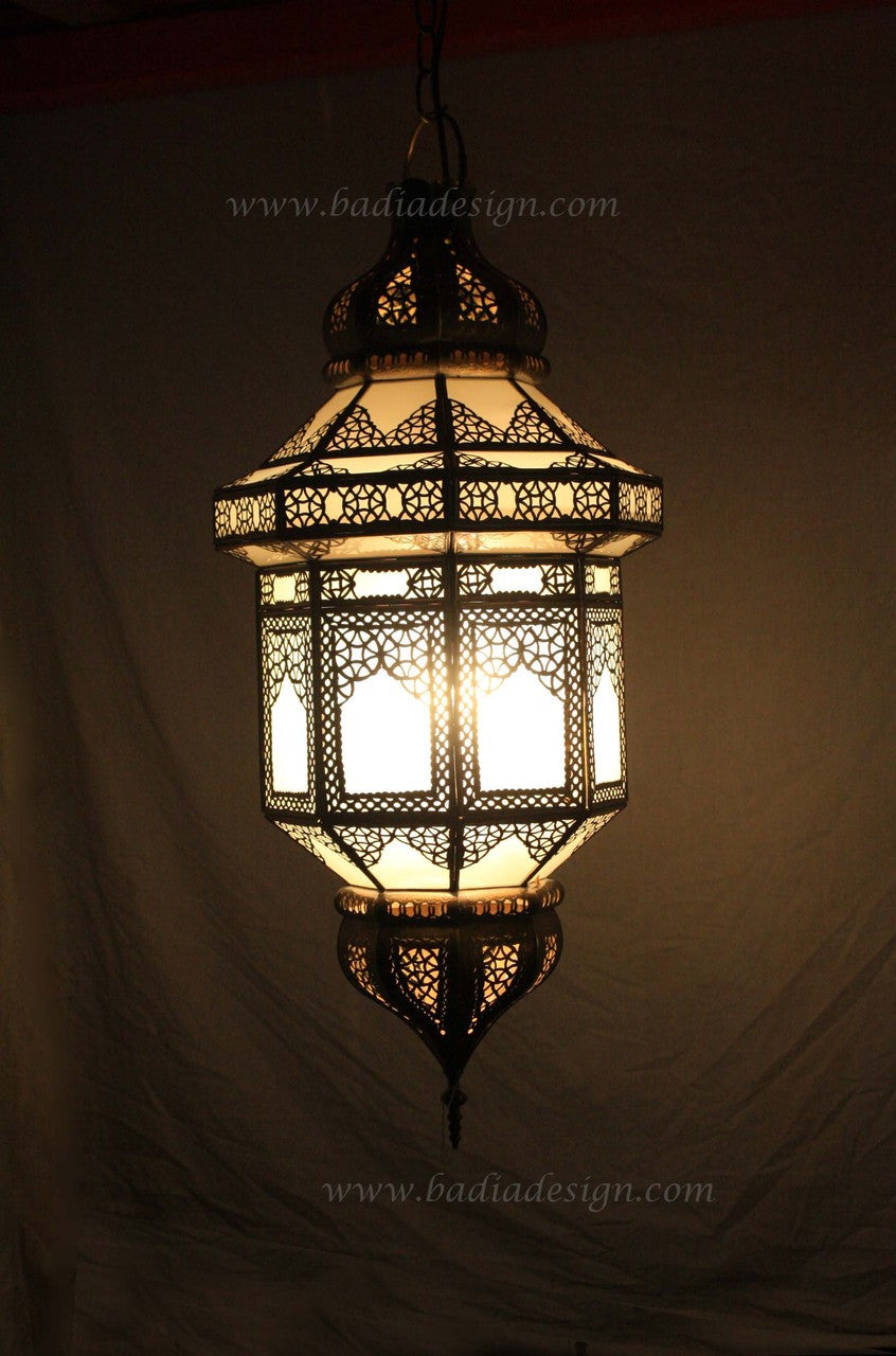 Hanging Brass Lantern with White Glass