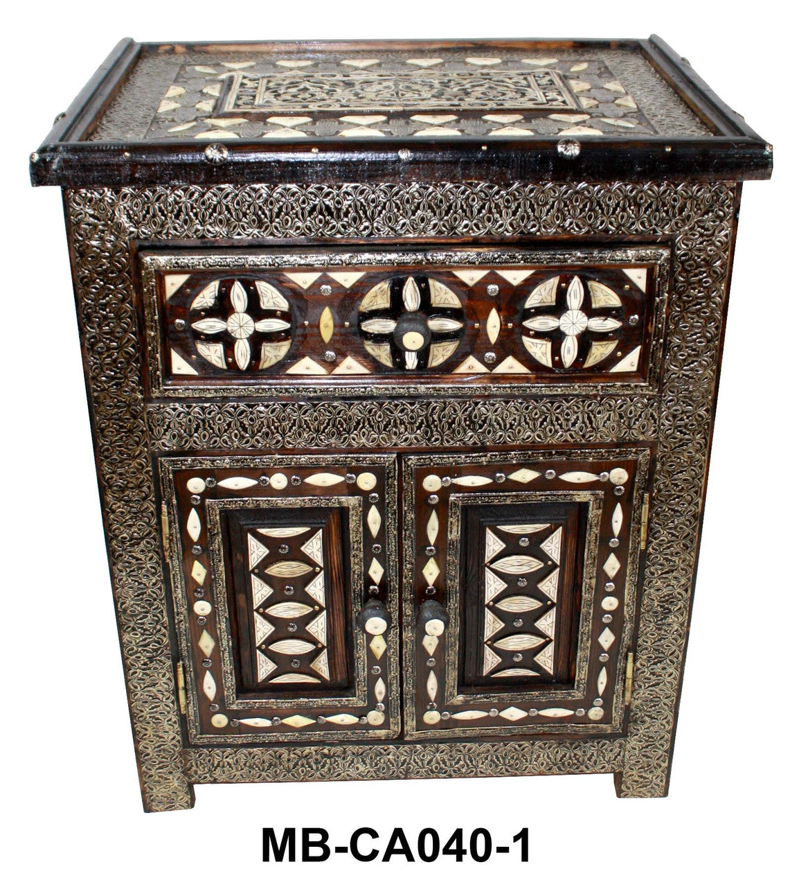 Intricate Metal and White Bone Inlay Nightstand