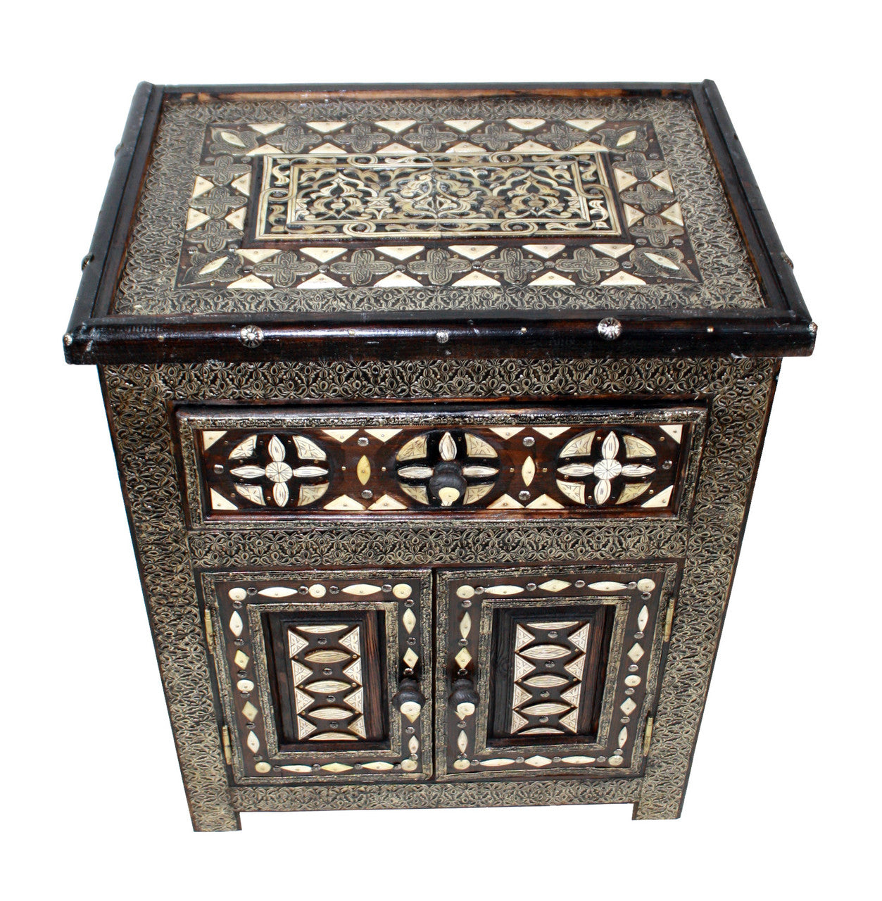 Intricate Metal and White Bone Inlay Nightstand