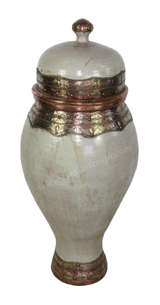 Moroccan Hand Painted Metal and Ceramic Urn