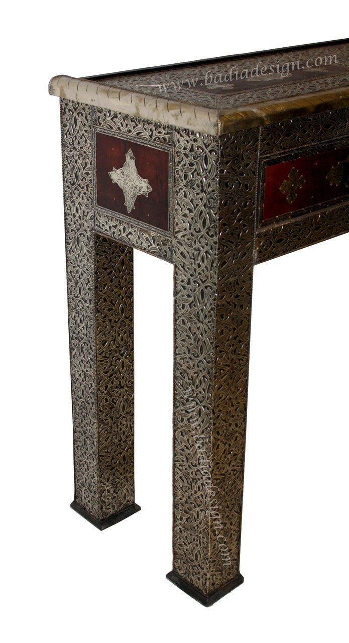 Premium Leather Nickel Embossed Cabinet with Glass Top