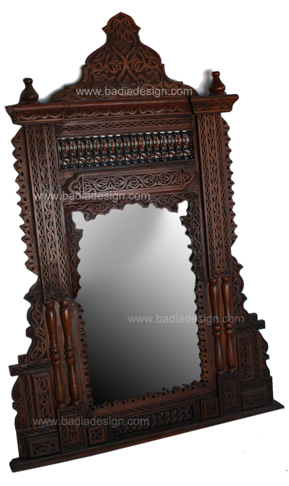 Moroccan Carved Wood Mirror with Mother of Pearl Inlay