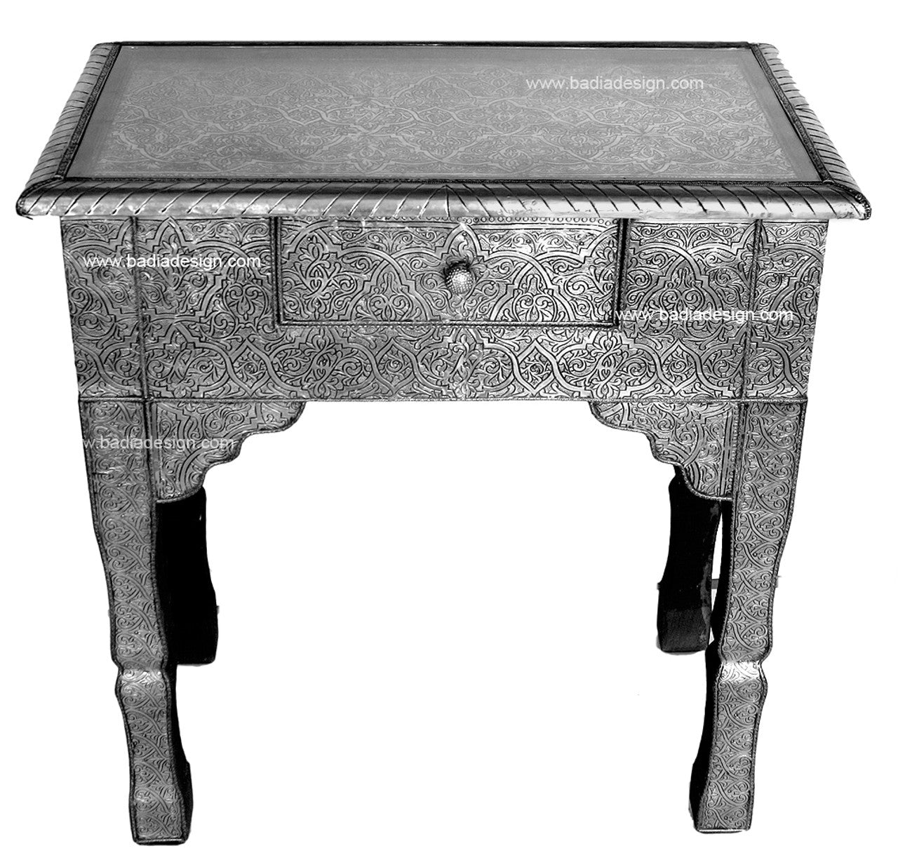 Embossed Metal Nightstand with Glass Top