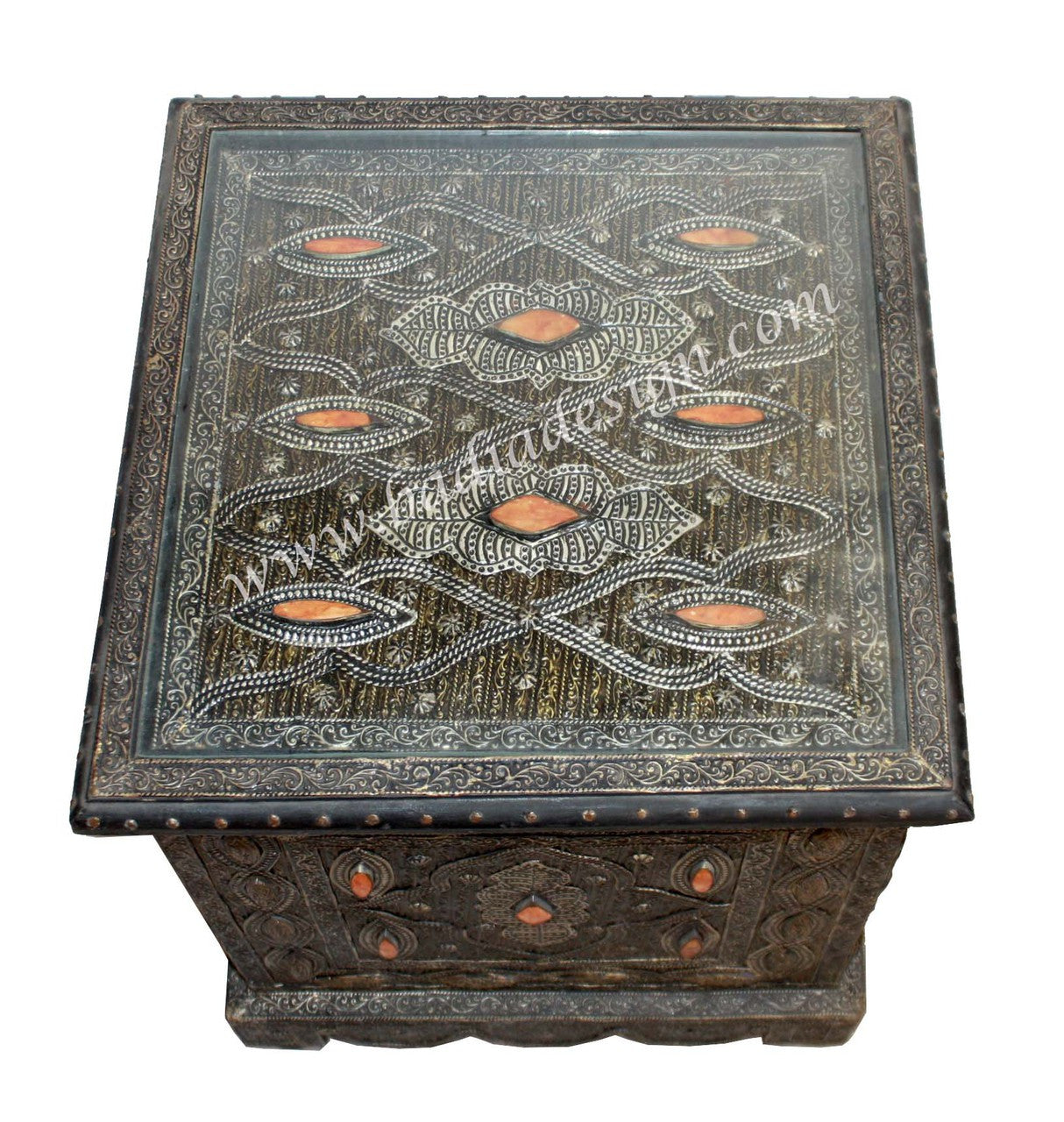 Square Embossed Metal and Bone Table with Glass Top