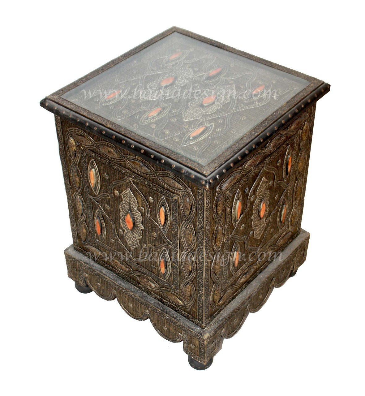Square Embossed Metal and Bone Table with Glass Top