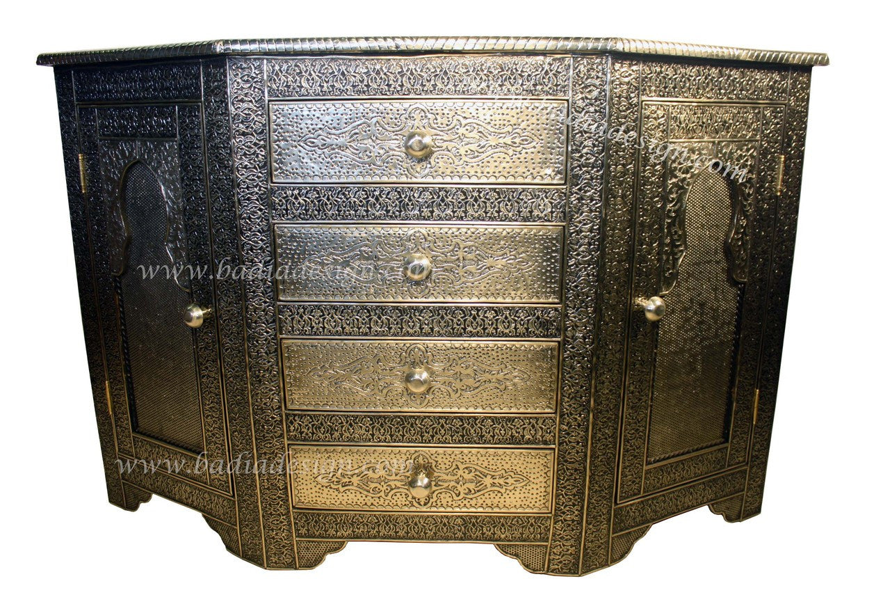 Silver Embossed Metal Cabinet with Glass Top