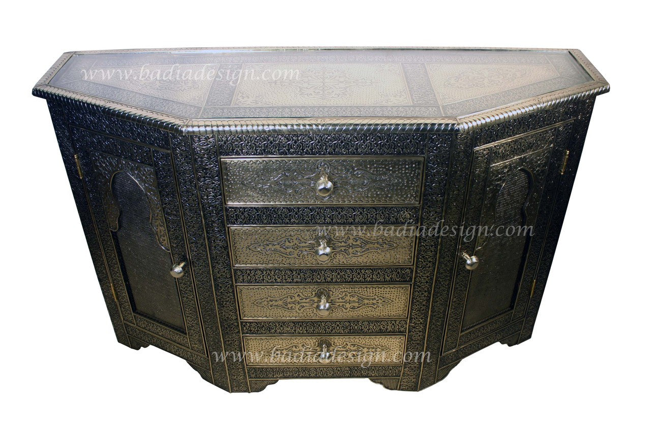 Silver Embossed Metal Cabinet with Glass Top