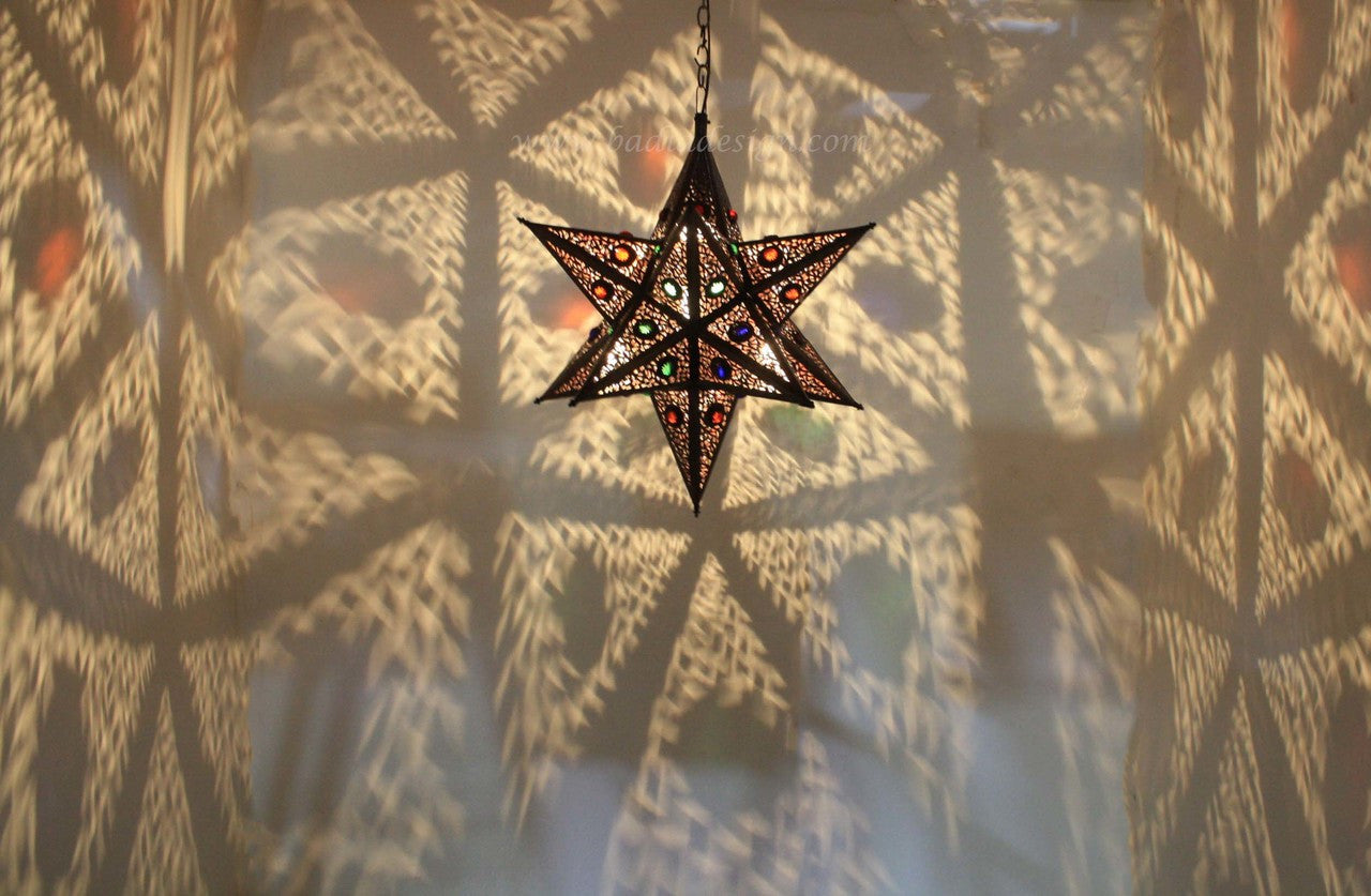 Hanging Star Shaped Lantern with Multi Color Glass Eyelets