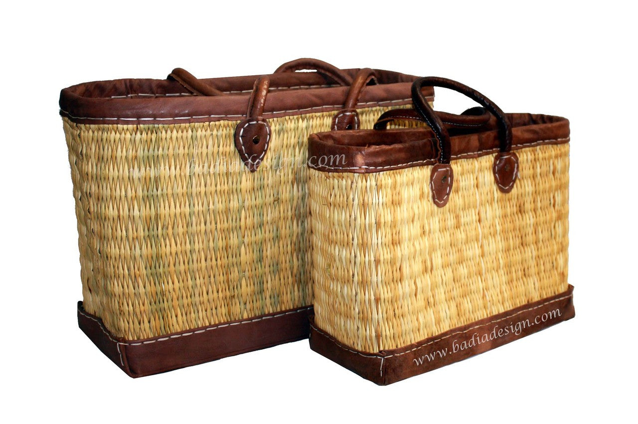 Moroccan Handwoven Straw Handbag with Brown Leather Handle