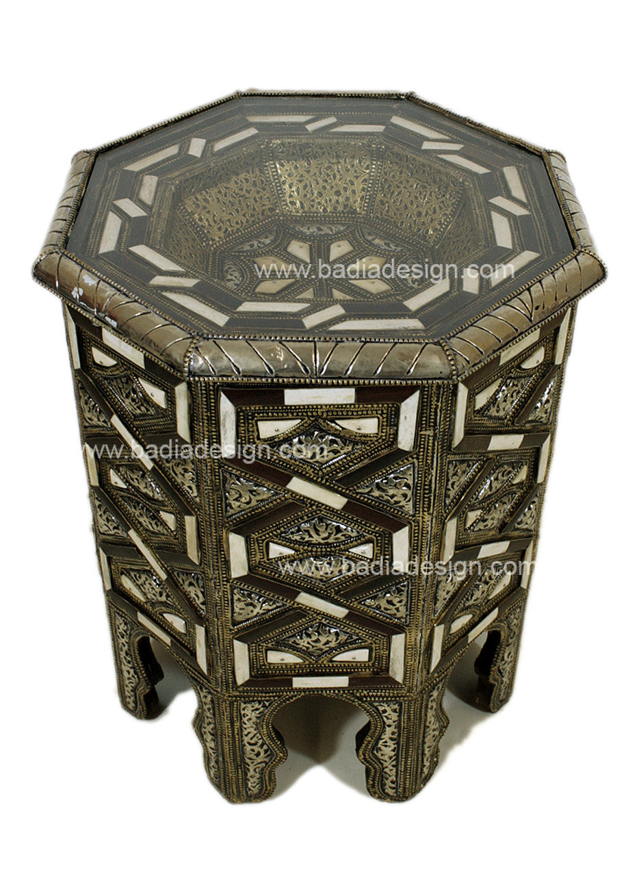 Embossed Metal and Bone Inlay Octagon Shaped Table