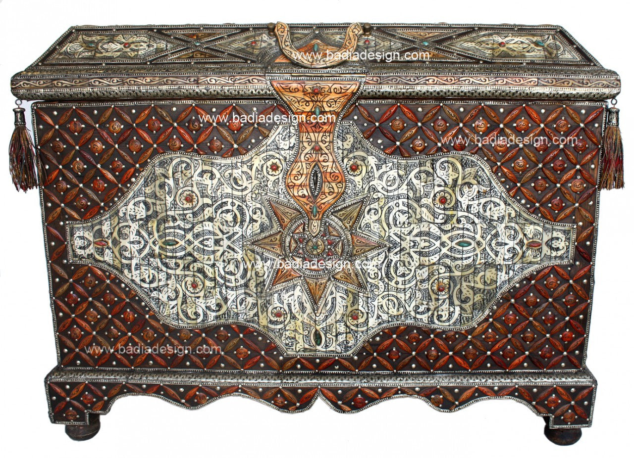 Vintage Embossed Metal and Bone Inlay Trunk