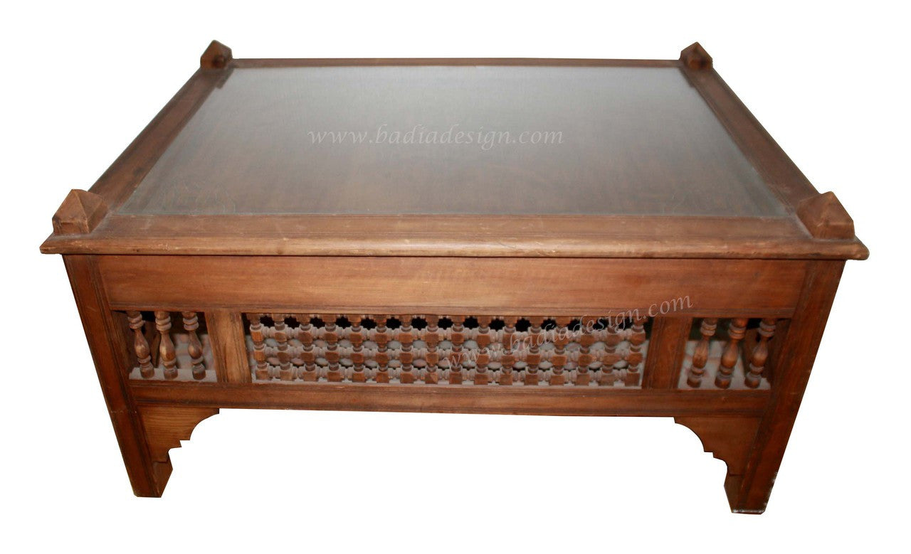 Carved Wood Table with Glass Top