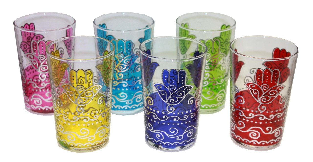Multi Color Khamsa Beverage Glass Set - Pack of 6