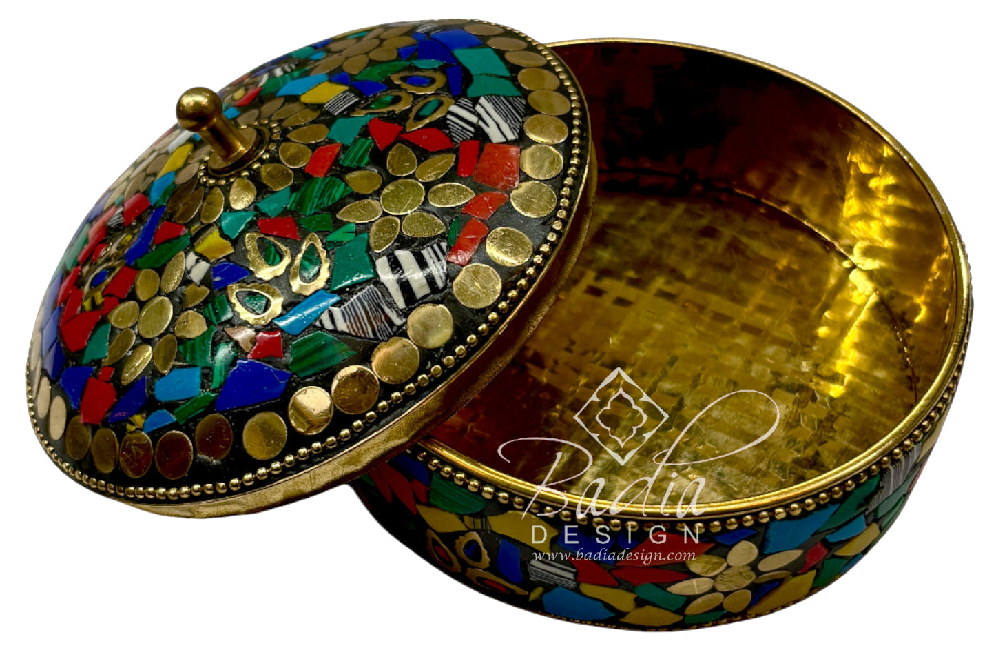 Decorative box with colorful mosaic design with open lid and gold interior