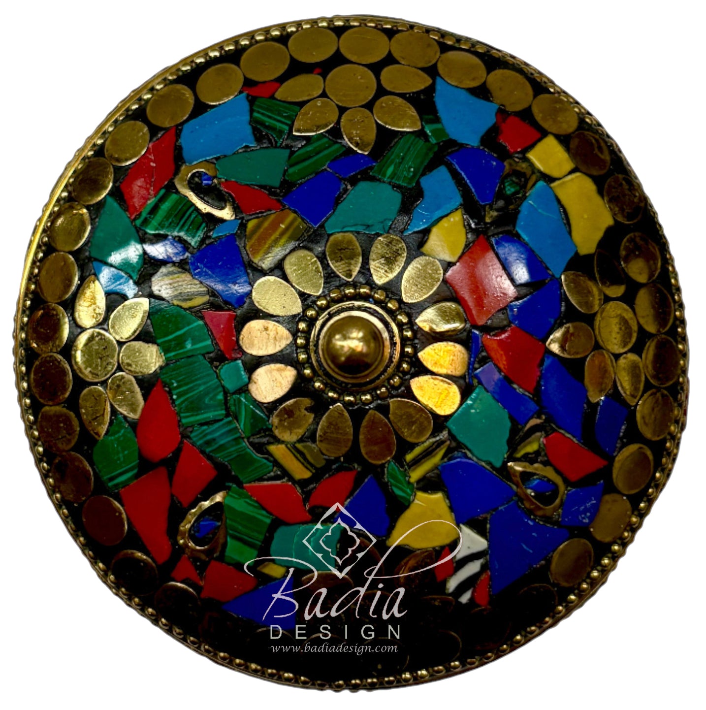 Top View Decorative circular object with mosaic design featuring gold, blue, green, and red colors on a white background.