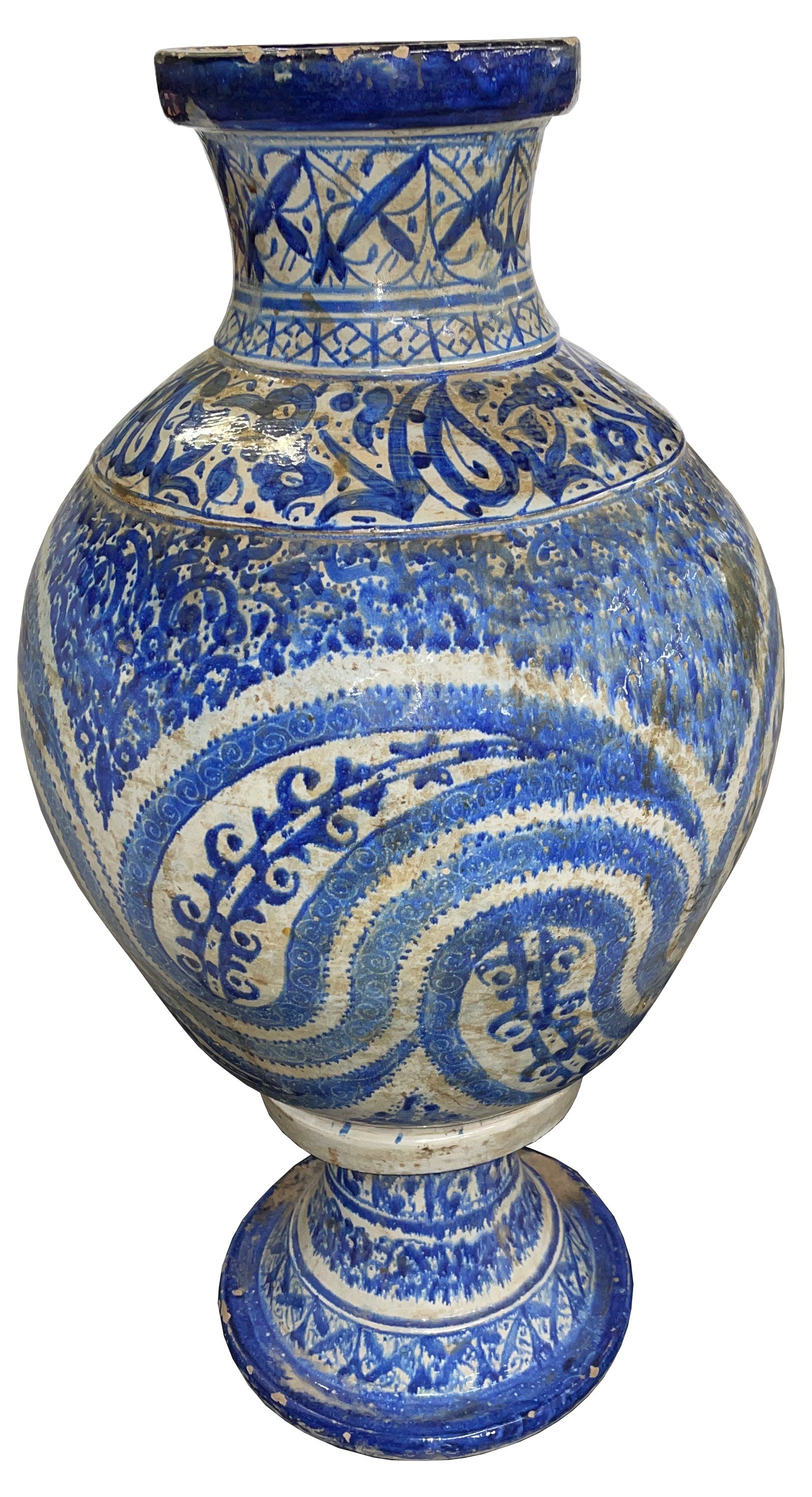 Moroccan Blue and White Vintage Ceramic Urn