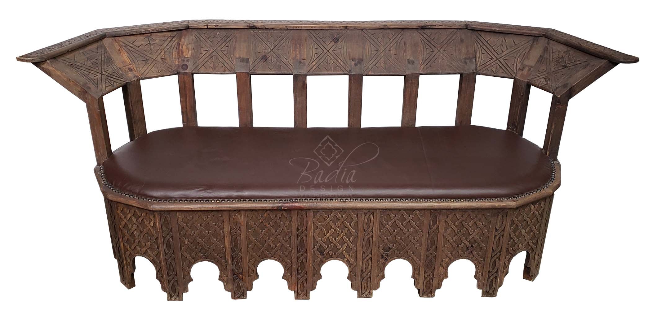 Hand Carved Wooden Bench with Leather Seat