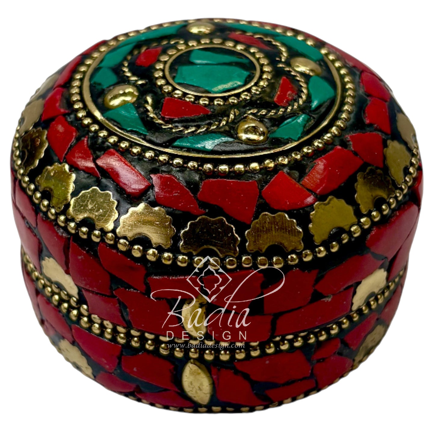 Decorative box with red, green, and gold mosaic pattern on a white background
