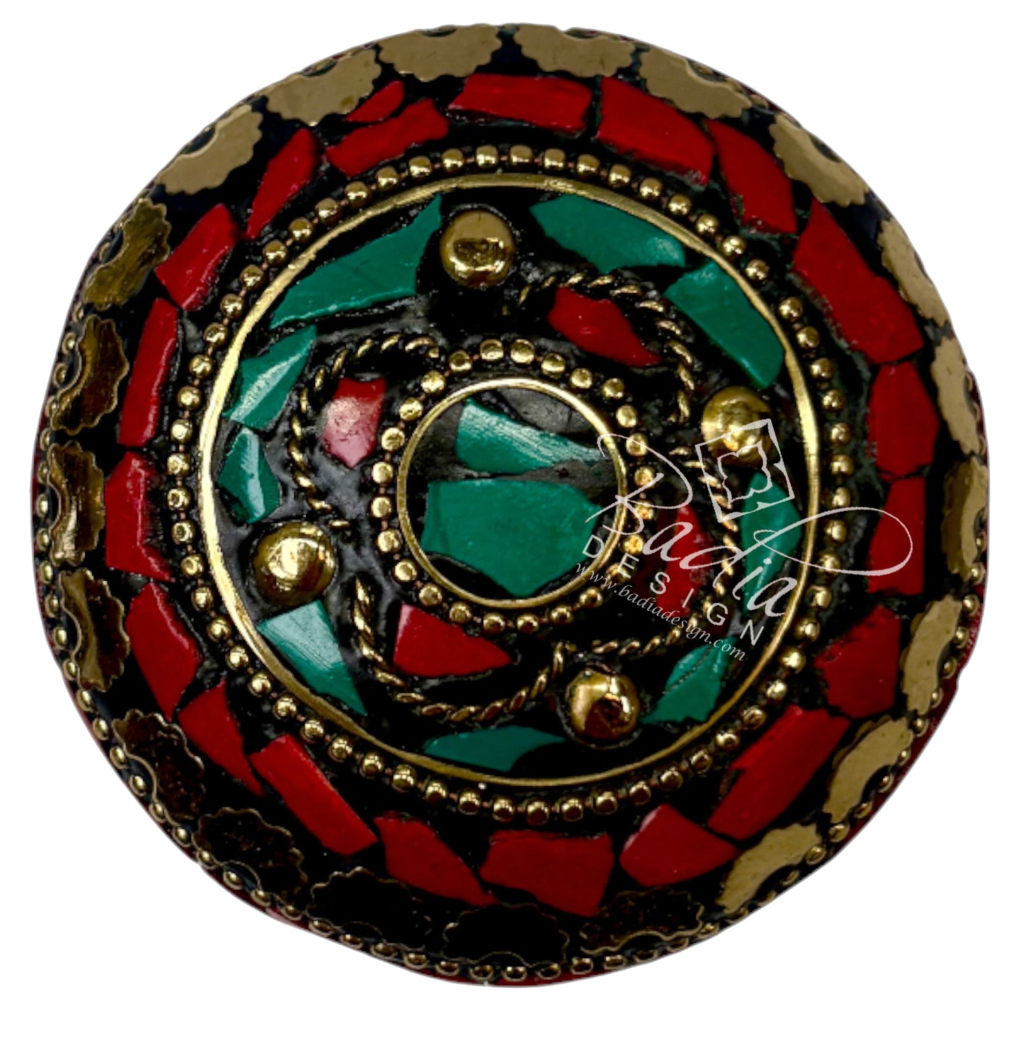 Red and Green Resin Container with Gold Metal Detail
