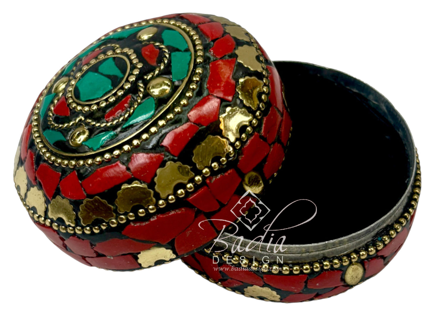 Red and Green Resin Container with Gold Metal Detail