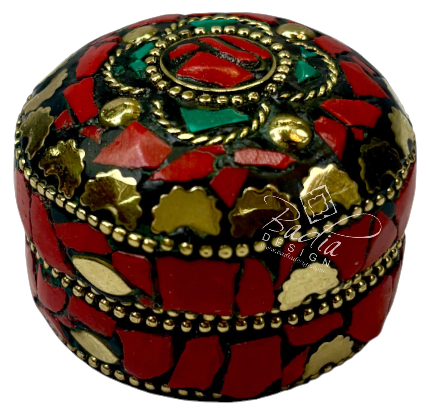 Decorative box with mosaic design featuring red, green, and gold colors on a white background.