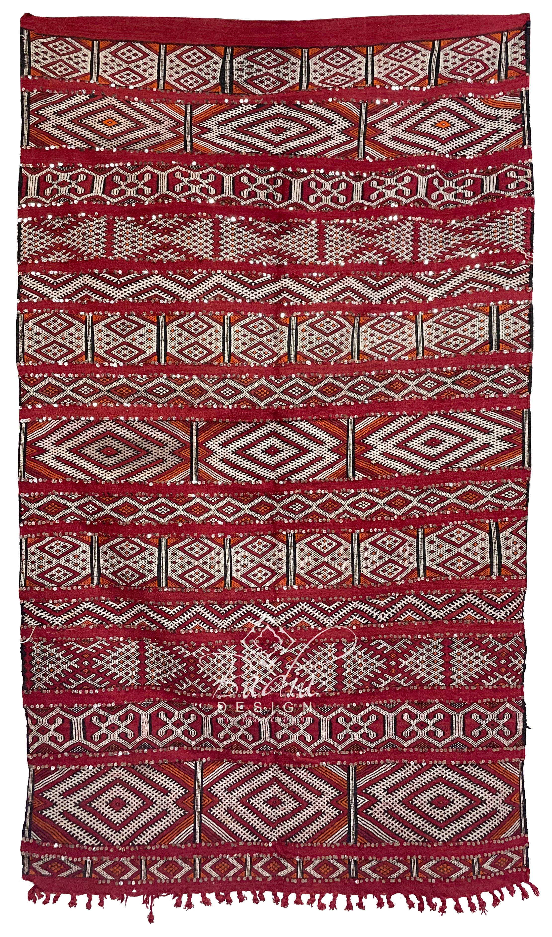 Red Moroccan Kilim Rug with Silver Sequin