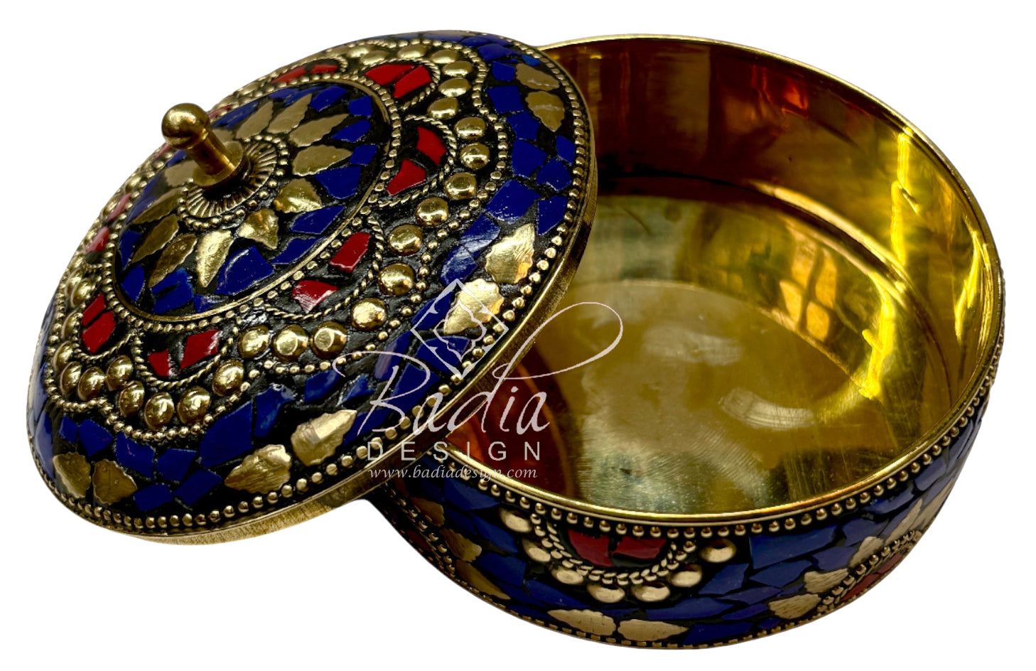 Decorative box with blue, red, and gold colors with open lid