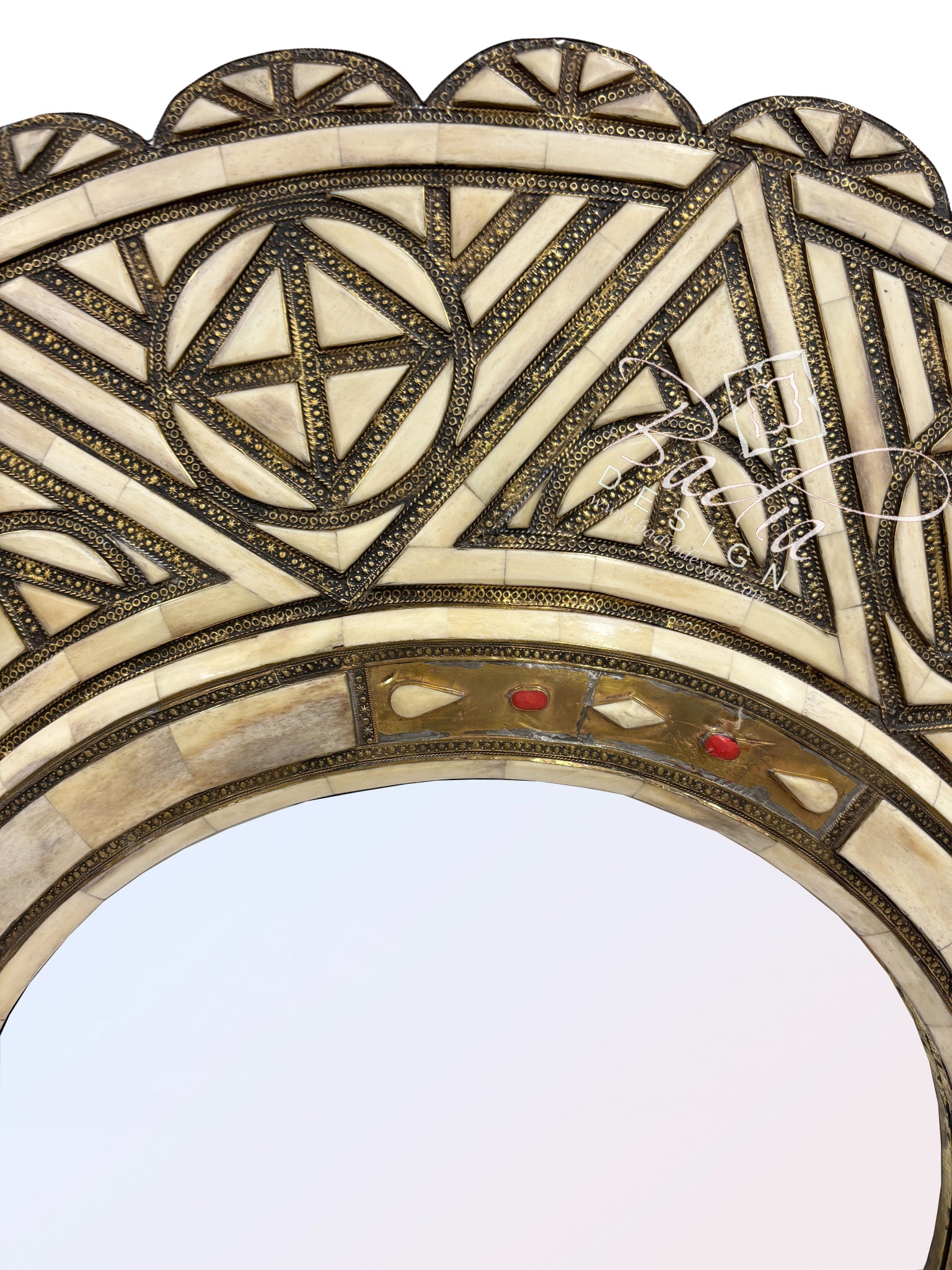 Round Mirror with Metal and Bone Inlay