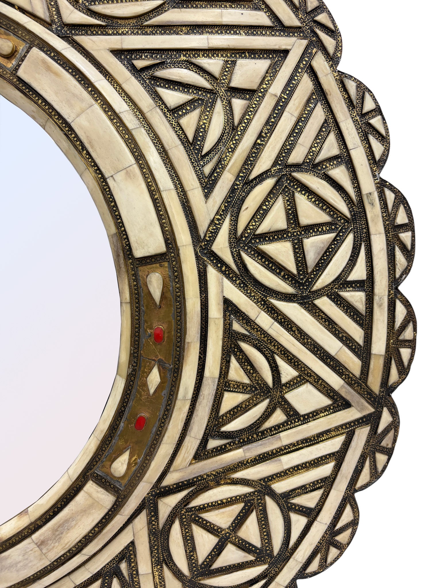 Round Mirror with Metal and Bone Inlay