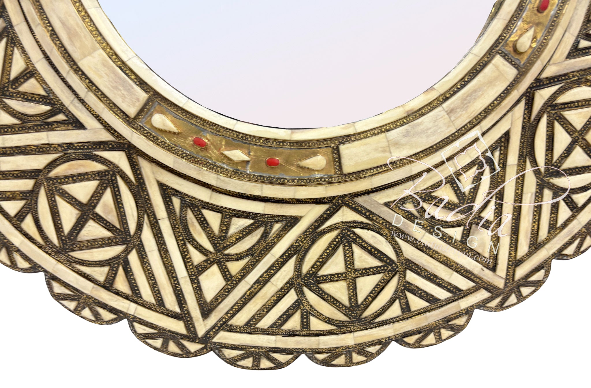 Round Mirror with Metal and Bone Inlay