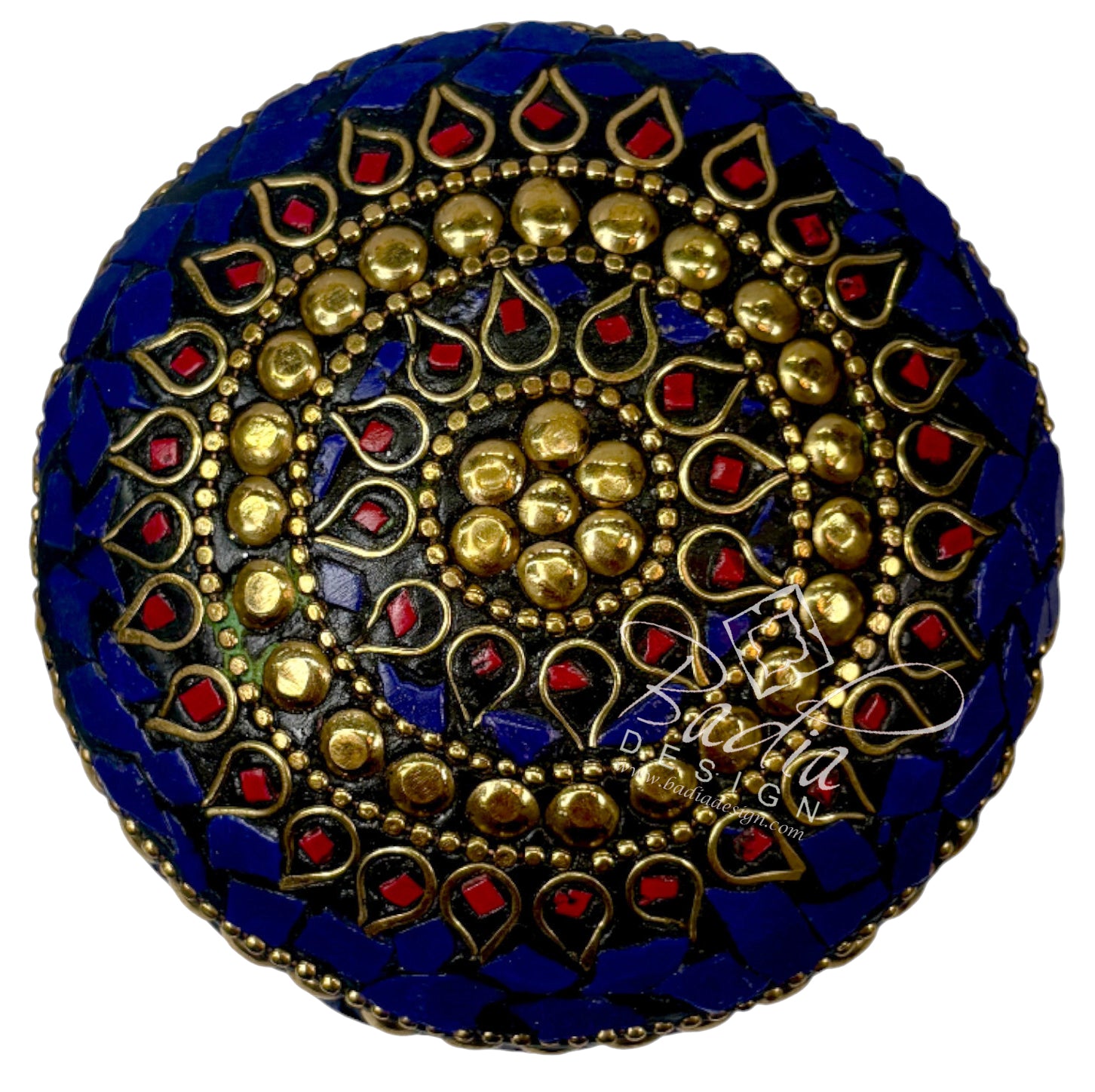 Round Decorative Container in Deep Blue and Gold