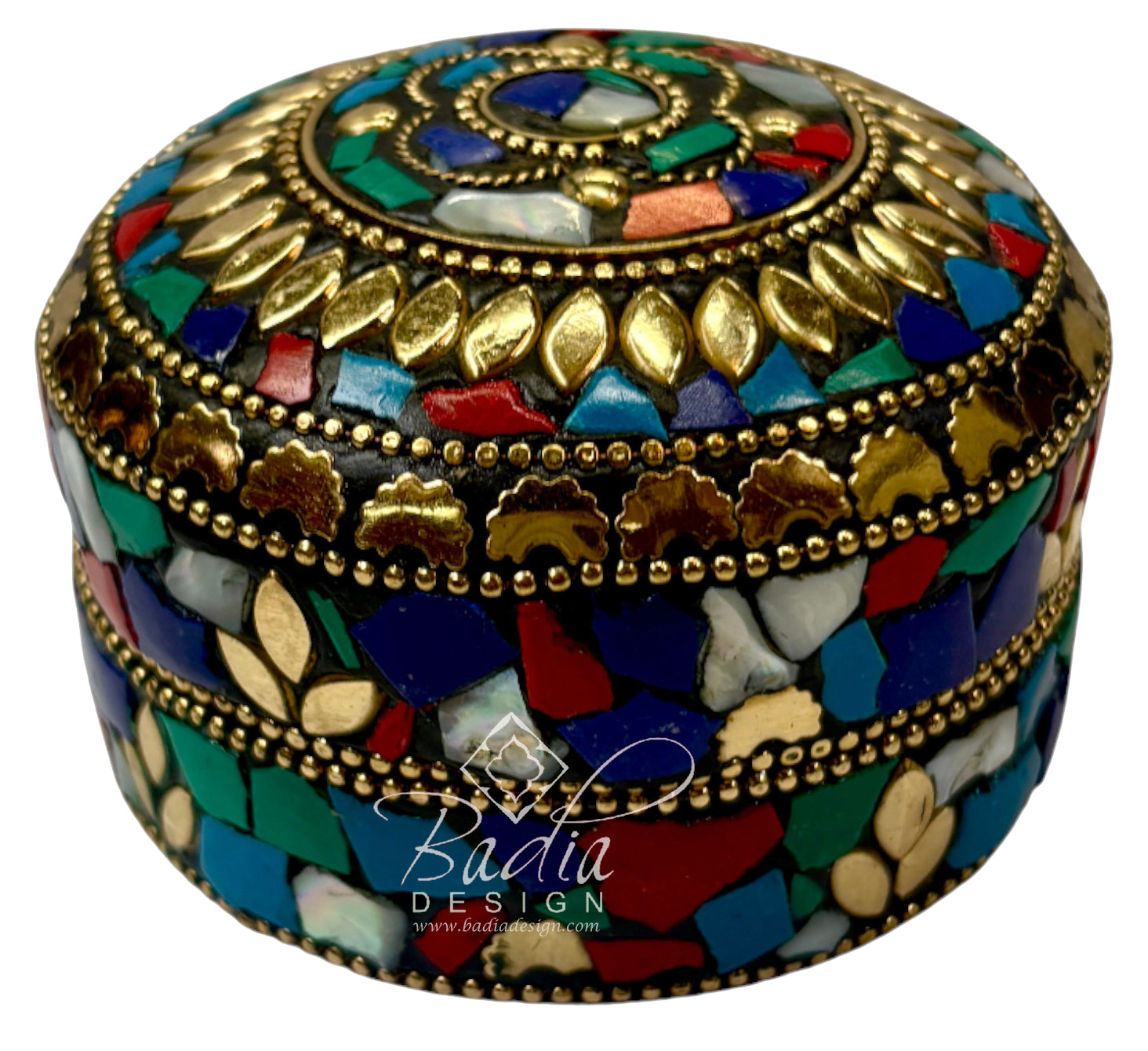 Moroccan Round Decorative Container with Multi-Color Design