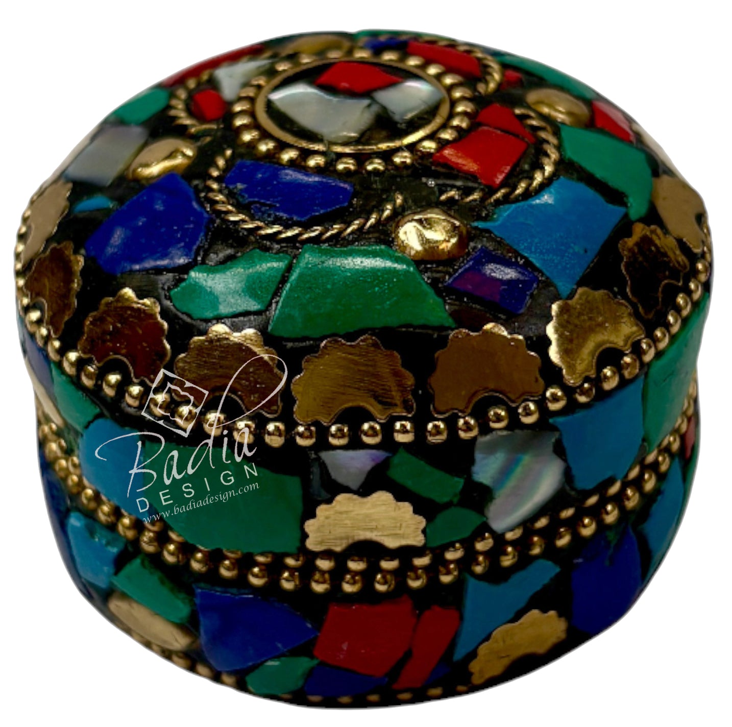 Decorative box with mosaic design and gold accents, featuring the Badia Design logo.