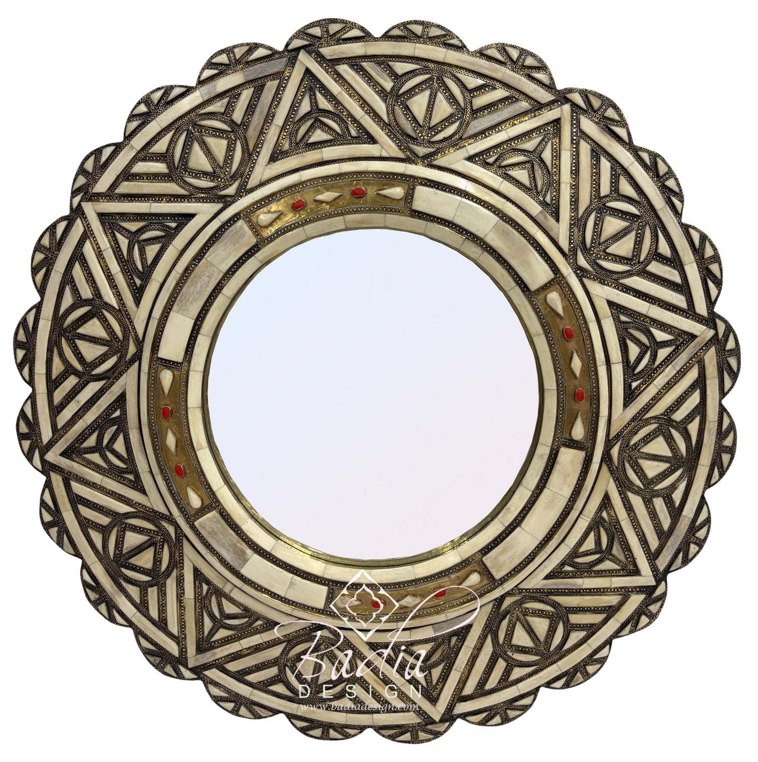 Round Moroccan Wall Mirror with Metal and Bone Frame