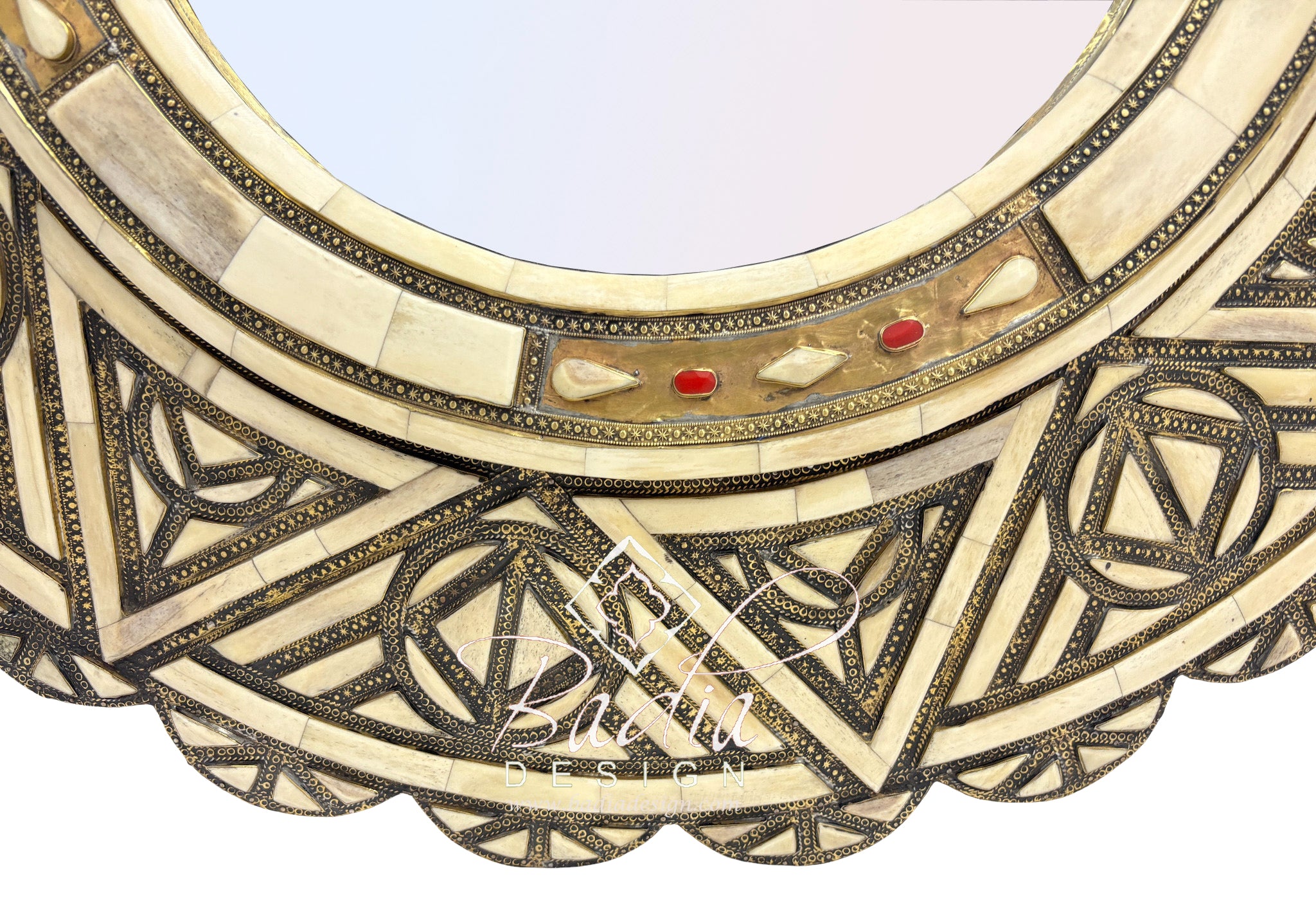 Round Wall Mirror with Metal and Bone Frame