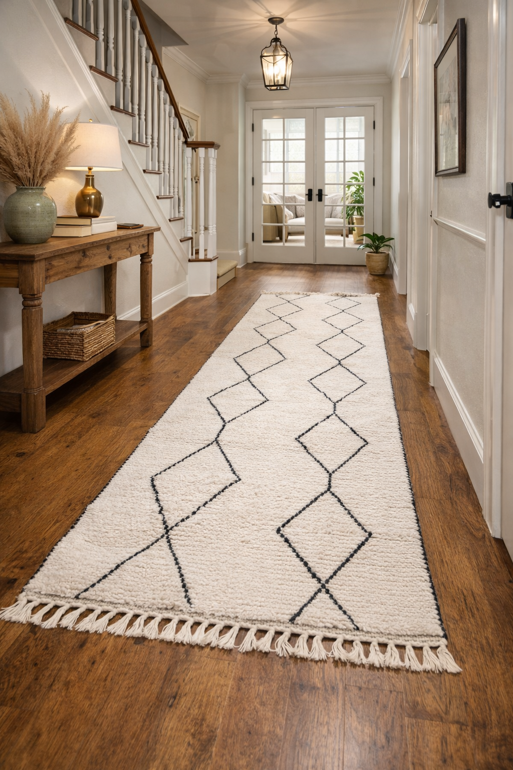 Classic Berber Neutral Runner Rug with Geometric Designs