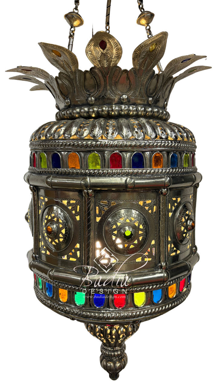 Intricately Designed Silver Chandelier with Multi-Color Glass Eyelets